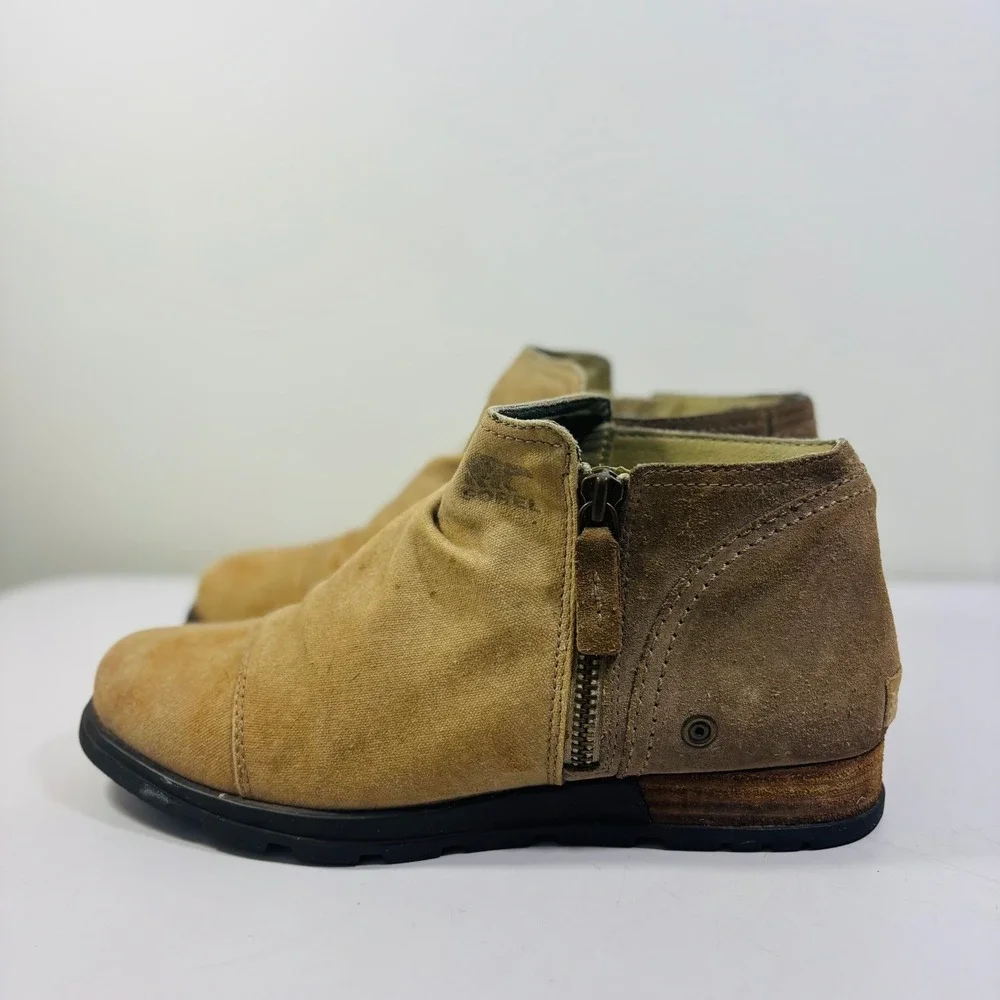 Sorel Major Low Ankle Boots Canvas Suede‎ Tan Side Zip Up Women's Size 10